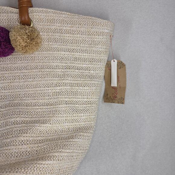 Vtg Red Camel Bag Tote Bags Purse Woven Straw Beach Pom Pom Lagenlook NWT Pool - Picture 7 of 12